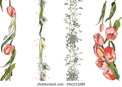 Borders and patterned brushes of tulips. Flowers for festive decoration. Easter, special events, wedding. Printing on paper and fabrics. Elements of postcards and banners.Retro, vintage.