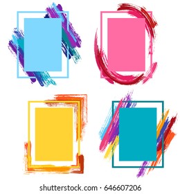 Borders with pink, blue and yellow painted brushstroke backgrounds. Glamour Frames with Paint Brush Strokes Vector Collection. Design templates for fashionable banners, flyers, posters, cards.
