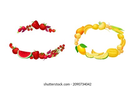 Fronteras de frutas y hortalizas rojas y amarillas con espacio para la ilustración de vectores de texto