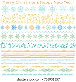 Borders, ribbons, brush strokes and abstract patterns. Symbols and icons. Hand lettering greeting merry christmas & happy new year wishes sign. Snowflakes, hearts, brunches, berries, flowers, brushes