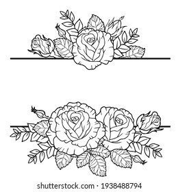 Borders of rose flowers, branches and leaves. Vector isolated on white background. Coloring book for adults, elements for packaging design of cosmetics, medicine, tea, wedding invitetion and cards