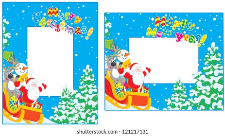 Borders with Santa Claus, Reindeer and Snowman sliding down in their sleigh with Christmas gifts