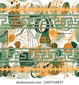 Borders. Seamless abstract painted modern seamless pattern. Watercolor dirty abstract shapes and doodle lines vector background. Greek key meanders border ornaments. Drawing doodles. endless texture.