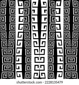 Borders. Seamless greek borders pattern. Black and white ornamental wavy lines background. Striped repeat vector backdrop. Tribal ethnic ancient style border ornaments. Greek key meanders border.