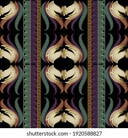 El patrón de las fronteras es fluido. Fondo vectorial floral ornamental colorido. Repetir el fondo decorativo ornado. Ornamentos griegos. Rayas verticales, bordes, flores, hojas, formas. Llave griega, serpenteantes.