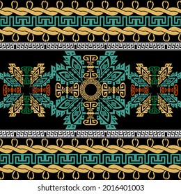 Borders seamless pattern. Vector ornamental tribal ethnic background. Repeat decorative modern backdrop. Beautiful ornament. Traditional border design with greek key, meanders, symbols, shapes, signs.