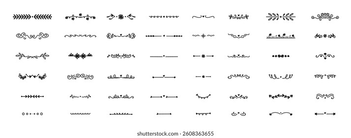 Borders set. Floral dividers, doodle style isolated decorative elements. Wedding cards, posters and banners design. Flowers leaves and ornament. Calligraphic underline. Curve separator, vector set