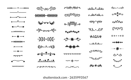Borders set. Floral dividers, doodle style isolated decorative elements. Wedding cards, posters and banners design. Flowers leaves and ornament. Calligraphic underline. Curve separator, vector set