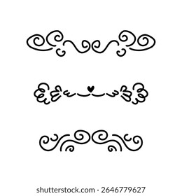 Bordas definidas. Divisores florais, estilo doodle elementos decorativos isolados. Cartões de casamento, cartazes e banners design. Flores folhas e ornamento. Sublinhado caligráfico. Separador de curva, conjunto de vetores