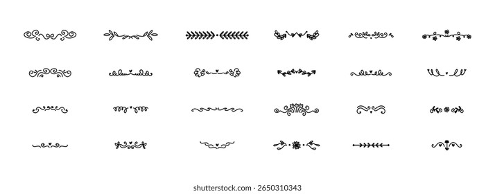 Bordas definidas. Divisores florais, estilo doodle elementos decorativos isolados. Cartões de casamento, cartazes e banners design. Flores folhas e ornamento. Sublinhado caligráfico. Separador de curva, conjunto de vetores