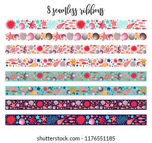 Borders set marine theme, collection of long ribbon bars, underwater life motif, shells, fish, sea flower, coral, seaweed, star, clam, scallop, for edge decoration, wrapping paper, book margin, card.