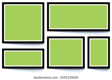 Borders set for painting, poster, photo gallery. Art gallery wall collage of empty square and rectangle frames with black border, vector realistic illustration isolated on transparent background eps10