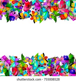 Borders with various colorful vector butterflies isolated on white background.