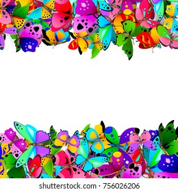 Borders with various colorful vector butterflies isolated on white background.