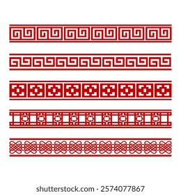 Borders vector design in Asian style, Isolated red Chinese New Year graphic elements for Decoration, Oriental clip art for Web, Banner and Greeting card, Editable stock.
