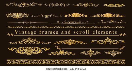 Borders vector design, Golden Corner. Page decoration. Decorative frame floral elements, Set of corners and borders, Ornament elements vintage