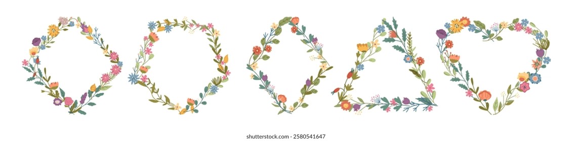 Borders with wildflowers and blossom. Vector flat set of compositional frames with geometric shapes. Rhombus and heart, triangles with empty copy space. Banners or posters for typography