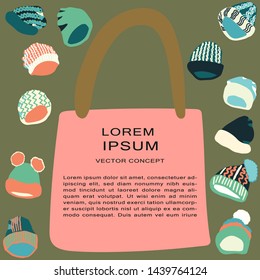 Borders with winter headwear. Giant bag with copy space