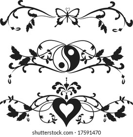 Borders with Yin Yang symbol, butterfly, hearts and leaves, one color.