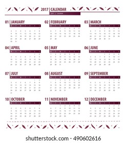 Bordo calendar 2017 year grid design. Week starts monday. Holidays are not marked. Vector calendar for year 2017 Template. Set of 12 Months. 