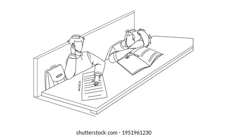 Bore Student sitzend im Klassenzimmer Tabelle schwarze Linie Stift Zeichnen Vektorgrafik. Bore Student Girl Schlafen auf dem Schreibtisch, Napping und Boy Listening Vorlesung. Buchstaben langweilig Unterrichtszeit an der Universität 