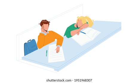 Estudiante De Bore Sentado En El Vector De Mesa Del Aula. Trae A Una Estudiante Dormiendo En El Escritorio, Haciendo Un Saco Y Escuchando A Un Niño. Caracteres que aburren el tiempo de educación en la ilustración de caricatura plana de la universidad