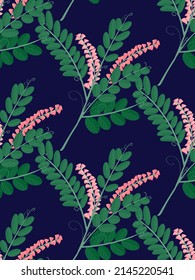 boreal vetch, wild field spring and summer flowers, seamless vector pattern, dark background