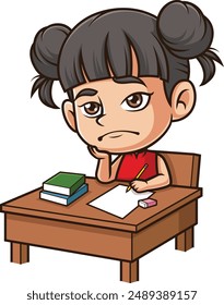 Bored asian girl doing homework vector illustration