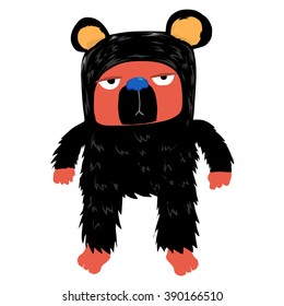 Bored bear with black wool and red face cartoon character
