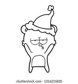 dibujo de línea de oso aburrido dibujado a mano de un sombrero santa