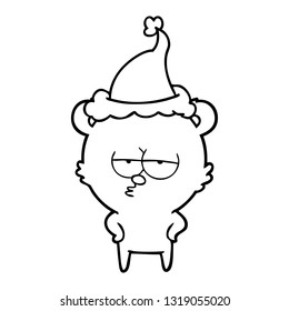 dibujo de línea de oso aburrido dibujado a mano de un sombrero santa