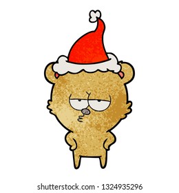 bored bear hand drawn textured cartoon of a wearing santa hat