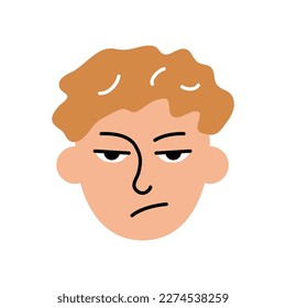 Bored Junge Avatar. Kinderfoto-Porträt mit skeptischen Gesichtsausdrücken, handgezeichnet, doodle Skizze, Vektorgrafik einzeln auf Weiß