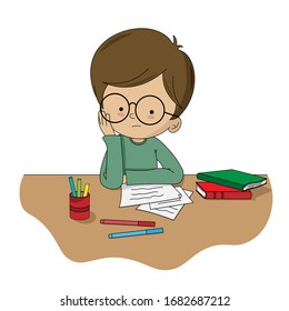 Bored boy at a desk full of books and sheets. isolated vector