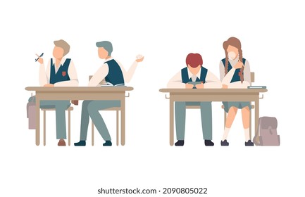 Bored Boy and Girl Pupil or Student Sitting at Desk Chewing Gum and Throwing Paper at Lesson Vector Set