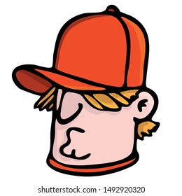 bored boy head with baseball cap over the eyes. puberty, bad mood, illustration.