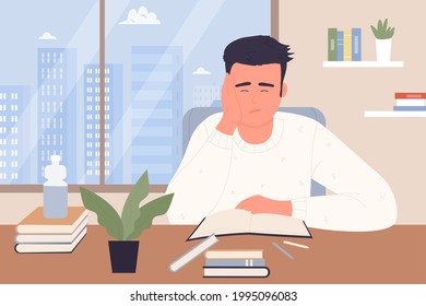 Bored boy student and books, hard education work vector illustration. Cartoon sad sleepy unhappy teenage character studying, sitting with open textbook at school classroom, library or home desk