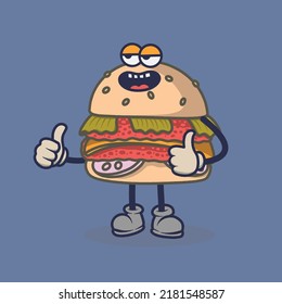 Bored Burger with laughing face expression sticker. Cartoon sticker in comic style with contour. Decoration for greeting cards, posters, patches, prints for clothes, emblems.