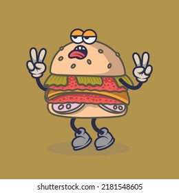 Bored Burger with peace stuck out tongue expression sticker. Cartoon sticker in comic style with contour. Decoration for greeting cards, posters, patches, prints for clothes, emblems.