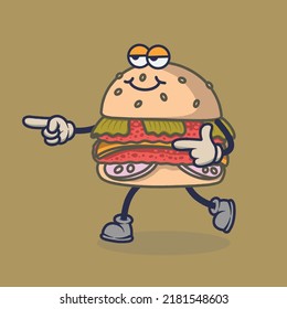 Burger aburrida con pegatina sonriente de expresión facial. Pegatina de dibujos animados al estilo cómico con contorno. Decoración para tarjetas de felicitación, carteles, parches, huellas para ropa, emblemas.