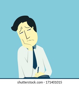 Bored business man at his desk in the office, feeling and emotion concept. Cartoon vector illustration with copy space for your text and your design. 