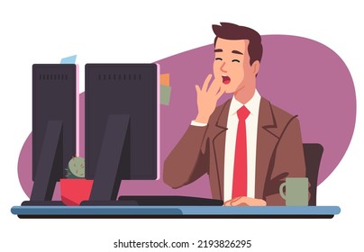 Bored business man worker procrastinating at computer desk. Tired sleepy employee person yawning working late at office workplace. Procrastination, laziness, overwork problem flat vector illustration