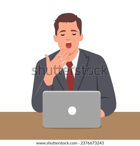 Bored business man worker procrastinating at computer desk. Tired sleepy employee person yawning working late at office workplace. Flat vector illustration isolated on white background
