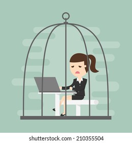 Bored business woman working in birdcage