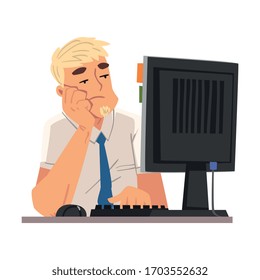 Bored Businessman Employee Man Working with Computer, Unmotivated or Unproductive Manager Character Vector Illustration