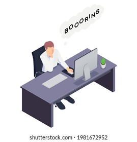 Bored businessman sitting at his desk doing nothing isometric icon vector illustration