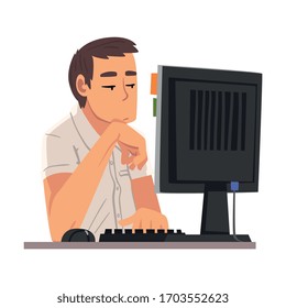 Bored Businessman Sitting at Office Desk, Lazy Male Employee Procrastinating at Workplace, Unmotivated or Unproductive Manager Character Vector Illustration