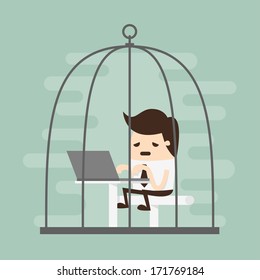 Bored businessman working in birdcage