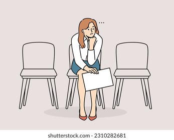 Bored businesswoman with document in hands sitting on chair in hallway waiting. Unhappy tired female employee with paperwork expect in hall. Vector illustration. 