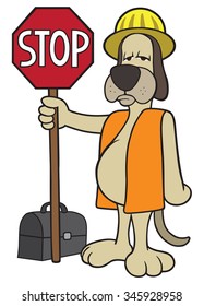Bored cartoon dog flagger holding stop sign at construction site